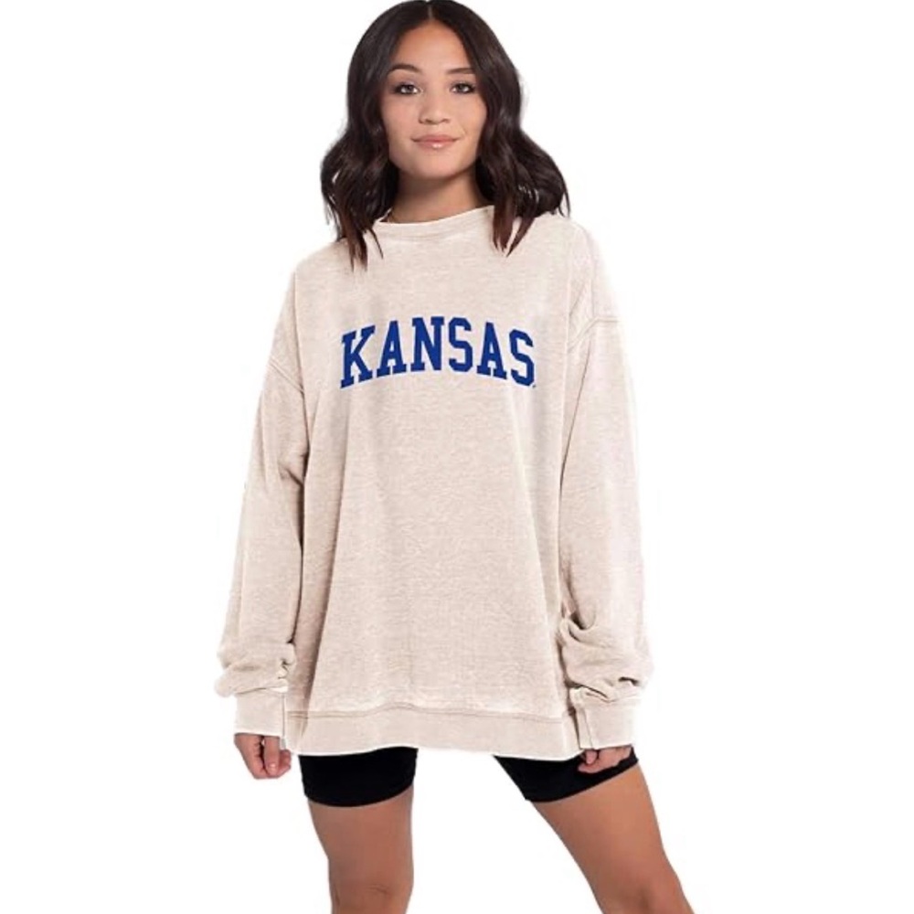 Cozy Oatmeal NCAA Kansas Jayhawks Crew Sweatshirt for Women